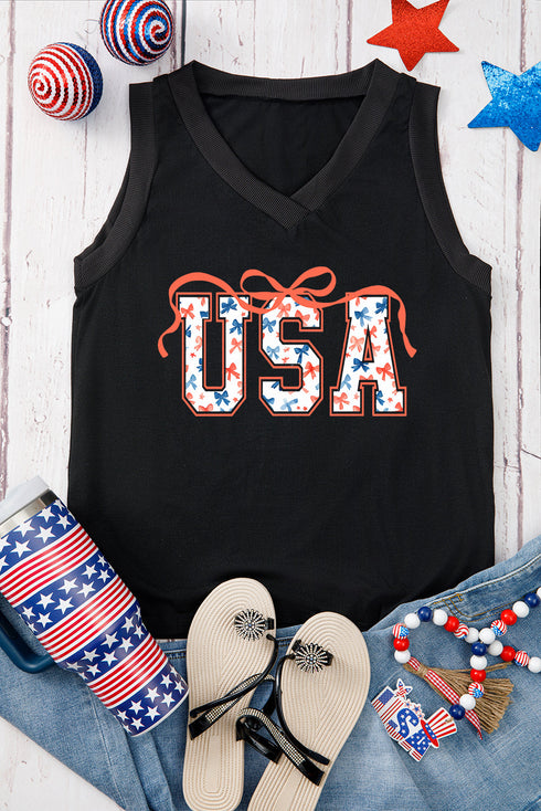 Star Spangled USA Bow Graphic V Neck Sleeveless Tank Top