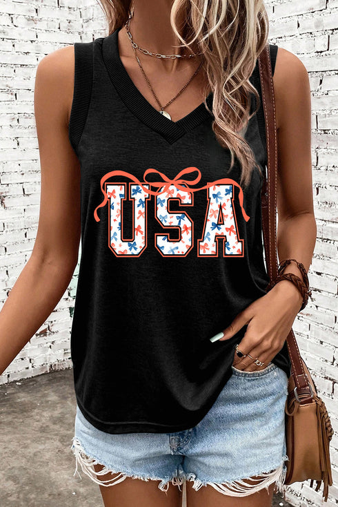 Star Spangled USA Bow Graphic V Neck Sleeveless Tank Top