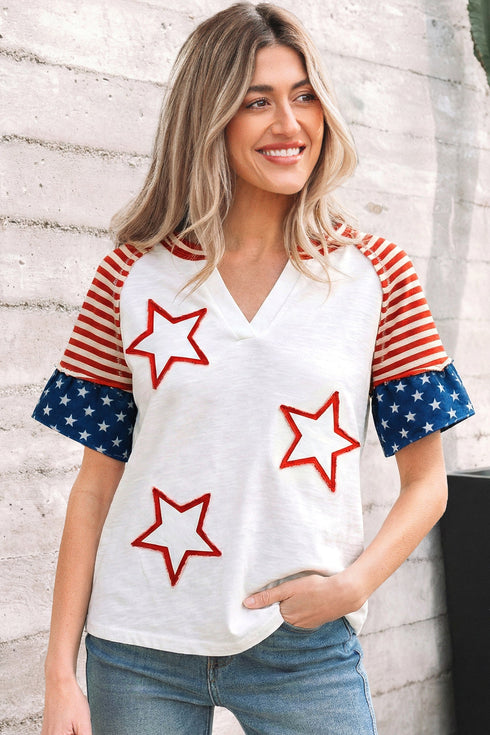 Star Stripe Print Patchwork Applique Short Sleeve Top