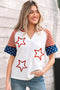 Star Stripe Print Patchwork Applique Short Sleeve Top