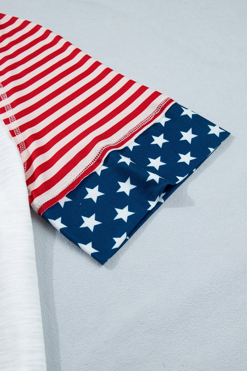 Star Stripe Print Patchwork Applique Short Sleeve Top