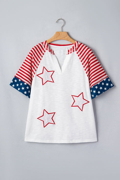 Star Stripe Print Patchwork Applique Short Sleeve Top