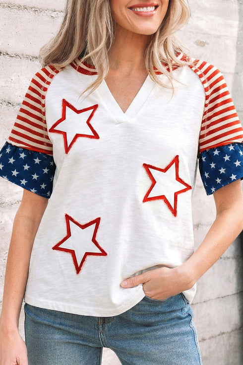 Star Stripe Print Patchwork Applique Short Sleeve Top