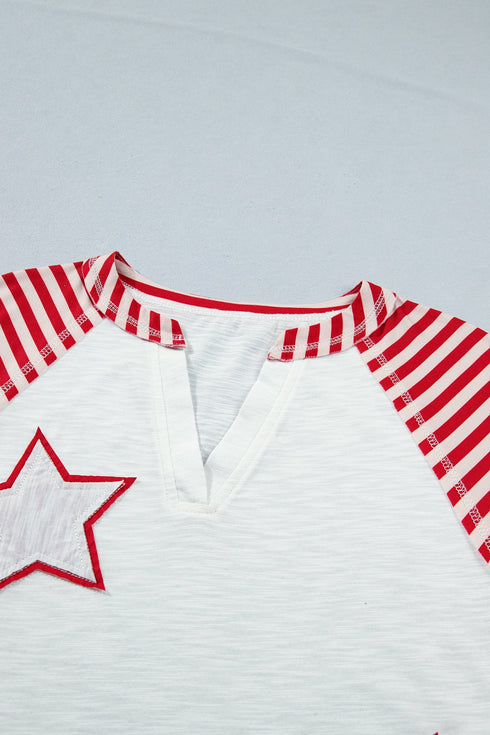 Star Stripe Print Patchwork Applique Short Sleeve Top