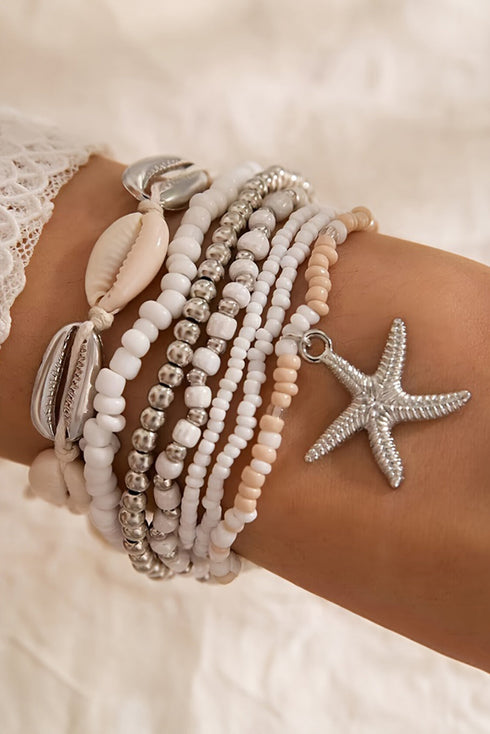 Starfish And Seashell Charm Beaded Stretch Bracelet Set