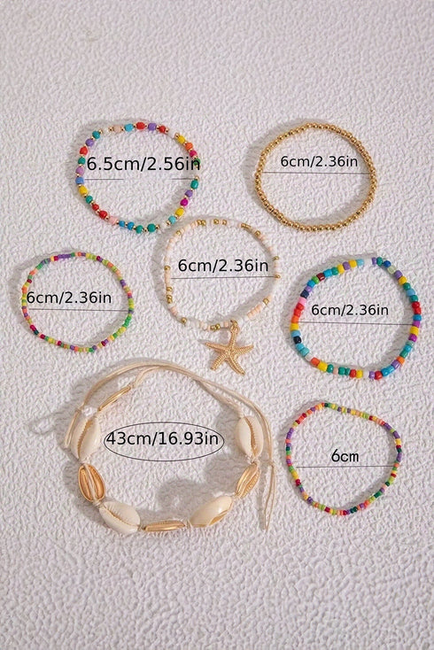 Starfish And Seashell Charm Beaded Stretch Bracelet Set