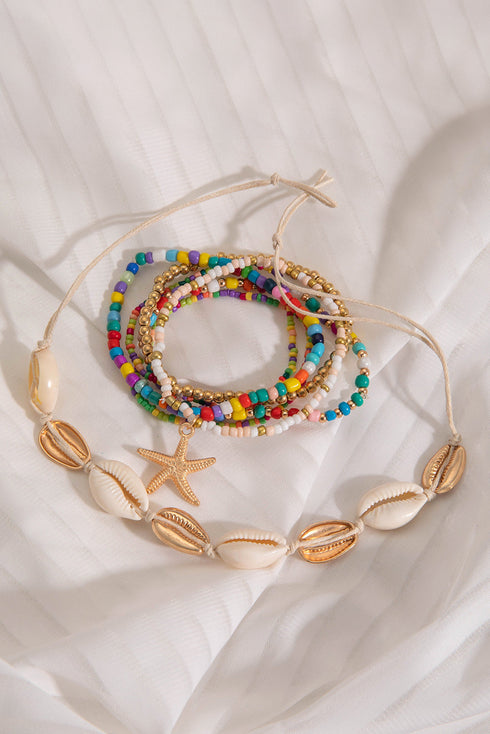 Starfish And Seashell Charm Beaded Stretch Bracelet Set
