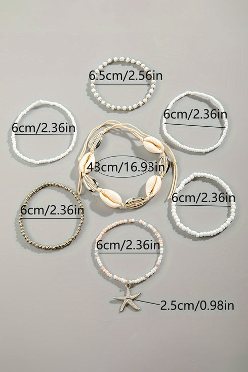 Starfish And Seashell Charm Beaded Stretch Bracelet Set