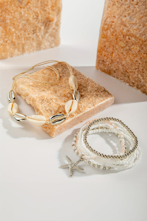 Starfish And Seashell Charm Beaded Stretch Bracelet Set