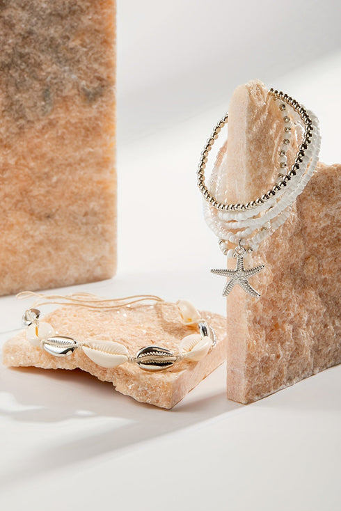 Starfish And Seashell Charm Beaded Stretch Bracelet Set