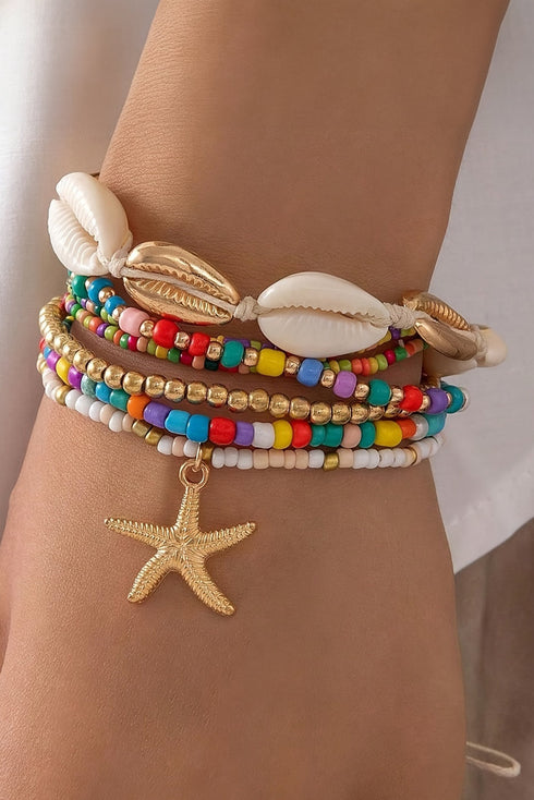 Starfish And Seashell Charm Beaded Stretch Bracelet Set