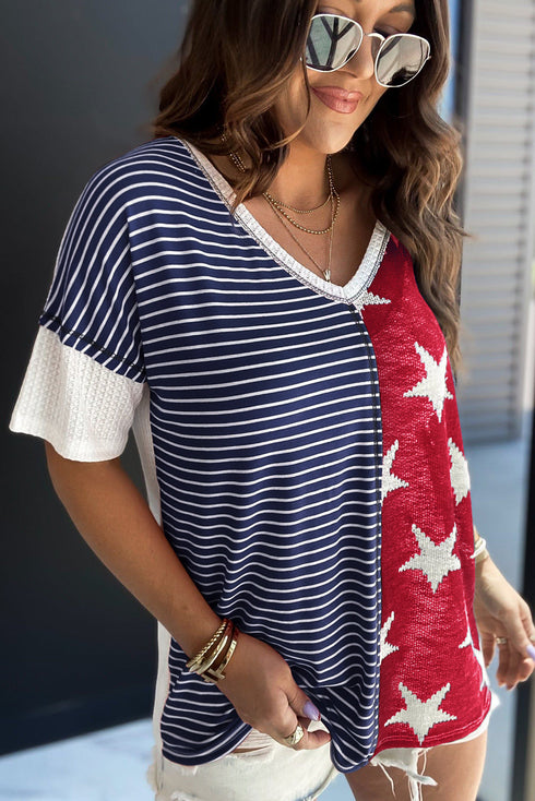 Stars And Stripes Patterned Knit Short Sleeve Top