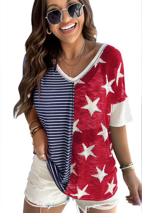 Stars And Stripes Patterned Knit Short Sleeve Top