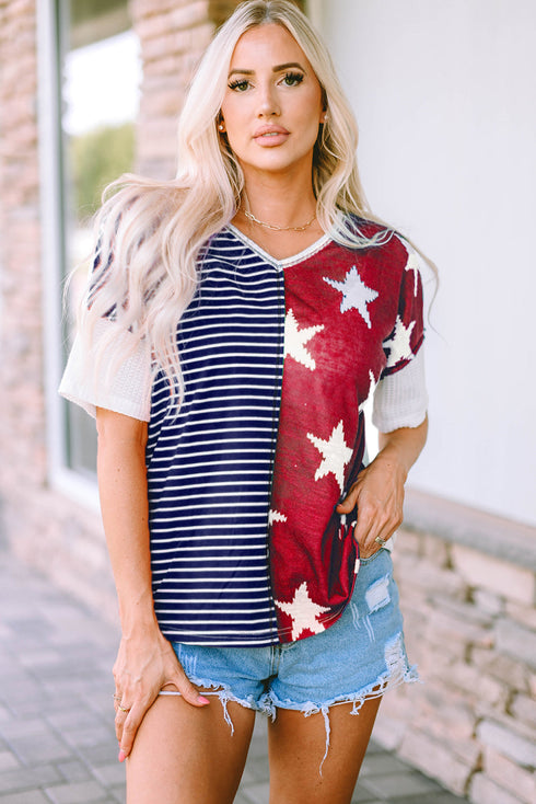 Stars And Stripes Patterned Knit Short Sleeve Top