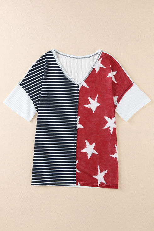 Stars And Stripes Patterned Knit Short Sleeve Top
