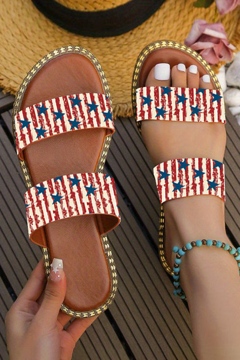 Stars And Stripes Print Double Band Flat Slides