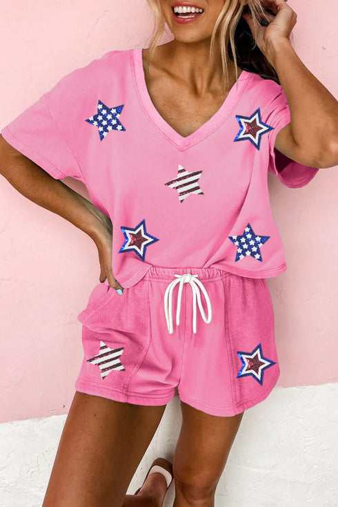Stars And Stripes Sparkle Sequin Flag Patch V Neck Tee And Shorts Set
