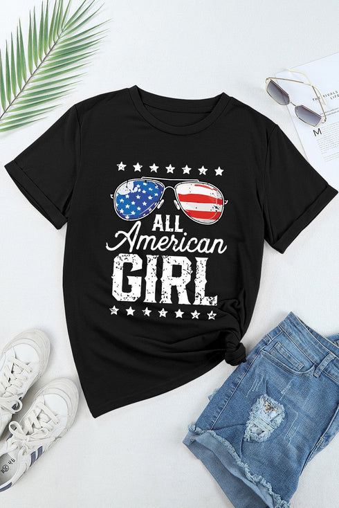 Stars Stripes Glasses Print Crew Neck Graphic Shirt