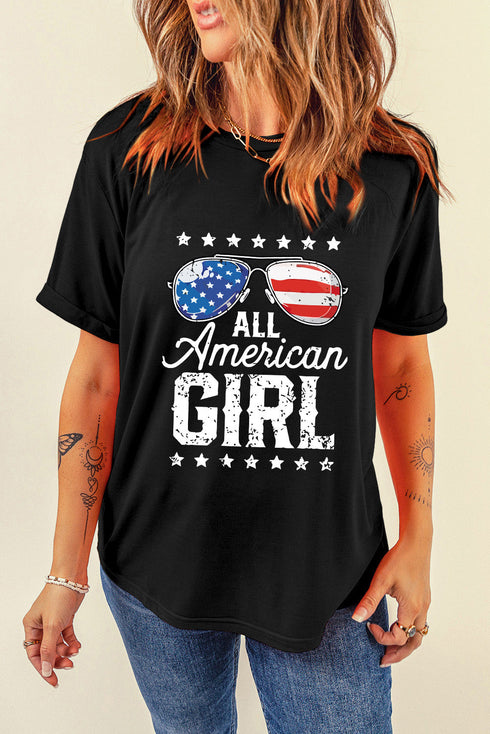 Stars Stripes Glasses Print Crew Neck Graphic Shirt