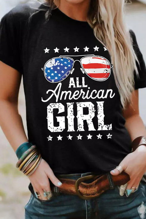 Stars Stripes Glasses Print Crew Neck Graphic Shirt
