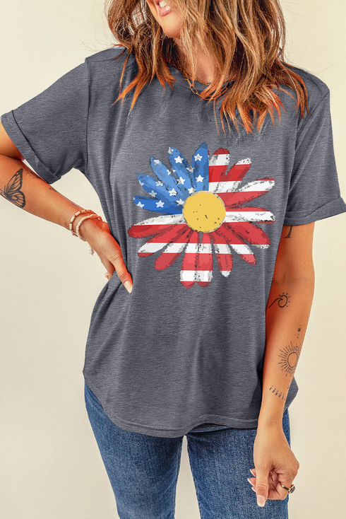 Stars Stripes Sunflower Graphic Print Crew Neck Tee