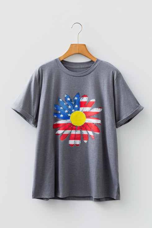 Stars Stripes Sunflower Graphic Print Crew Neck Tee