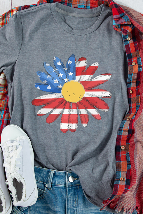 Stars Stripes Sunflower Graphic Print Crew Neck Tee