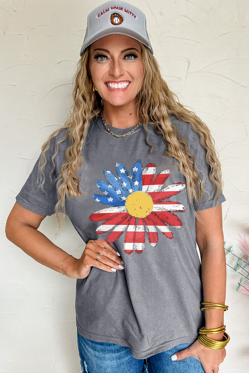 Stars Stripes Sunflower Graphic Print Crew Neck Tee