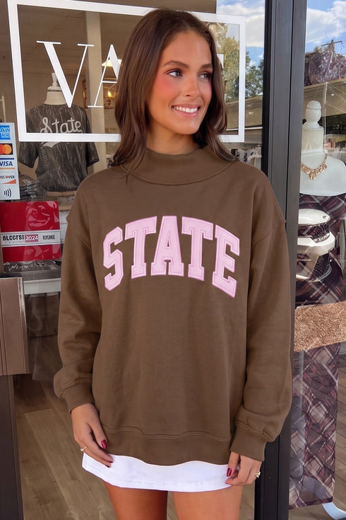 State Letter Graphic Exposed Seam Mock Neck Loose Sweatshirt