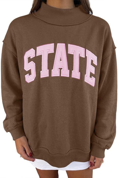 State Letter Graphic Exposed Seam Mock Neck Loose Sweatshirt