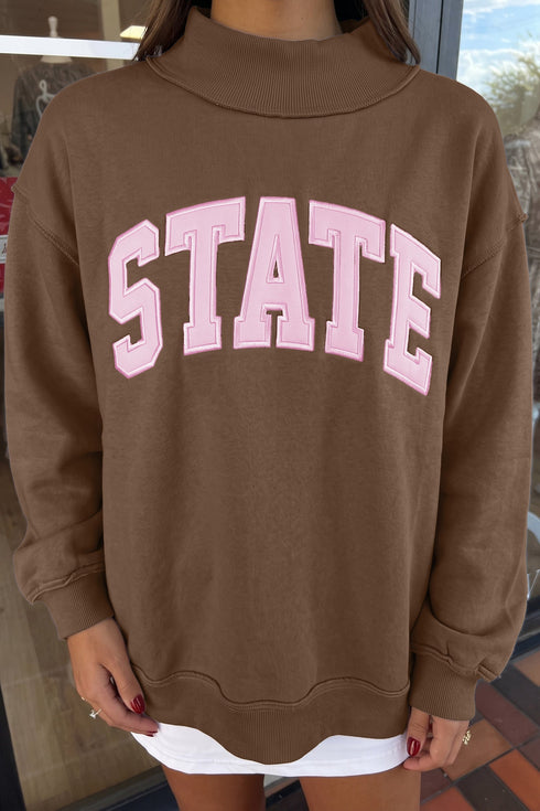 State Letter Graphic Exposed Seam Mock Neck Loose Sweatshirt