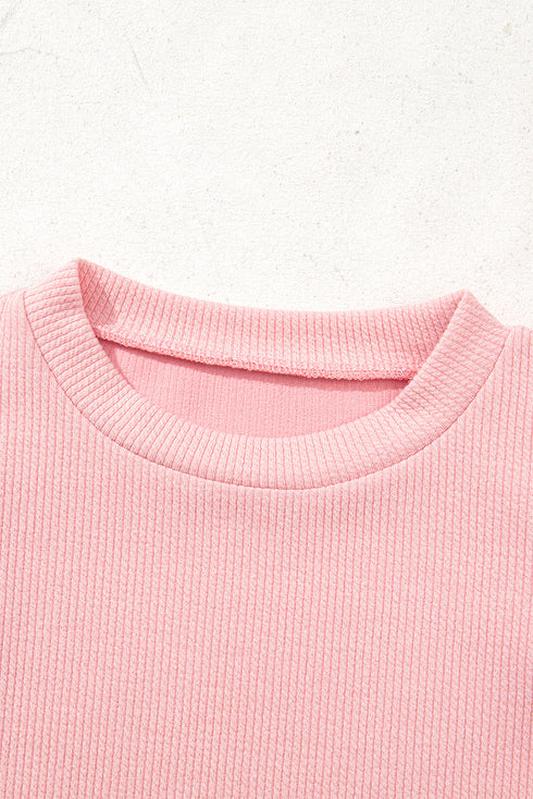 Statement Ruffle Sleeve Pearl Studded Knit Crew Neck Top