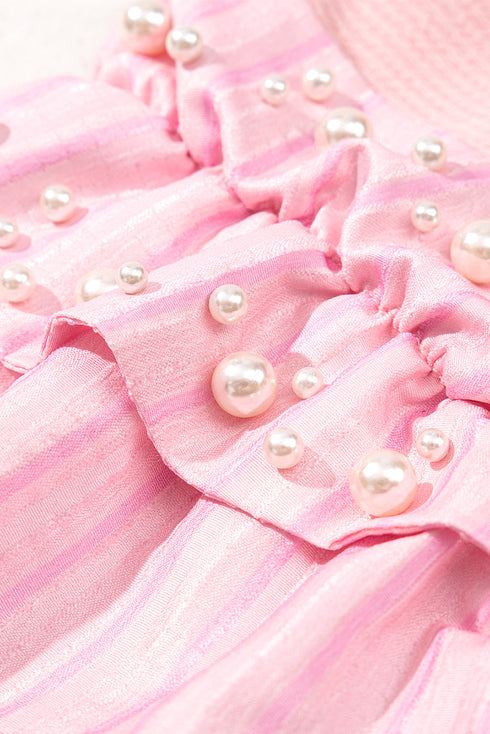 Statement Ruffle Sleeve Pearl Studded Knit Crew Neck Top