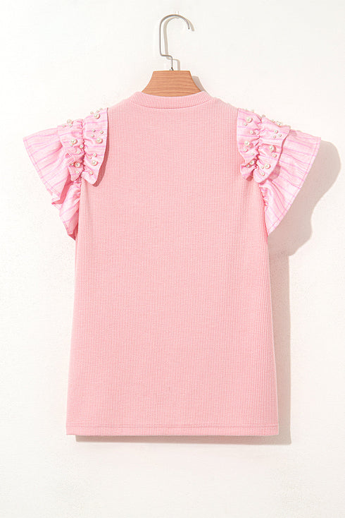 Statement Ruffle Sleeve Pearl Studded Knit Crew Neck Top