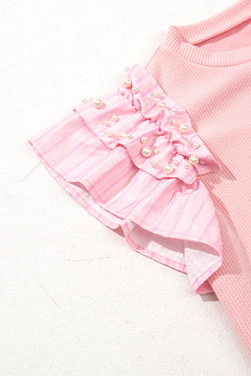 Statement Ruffle Sleeve Pearl Studded Knit Crew Neck Top