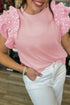 Statement Ruffle Sleeve Pearl Studded Knit Crew Neck Top