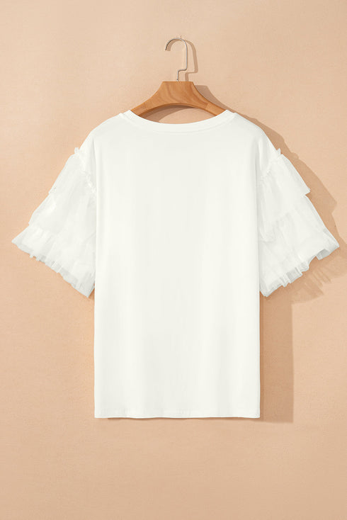 Statement Tiered Tulle Ruffle Sleeve Knit Tee Top
