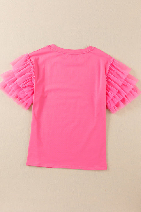 Statement Tiered Tulle Ruffle Sleeve Knit Tee Top