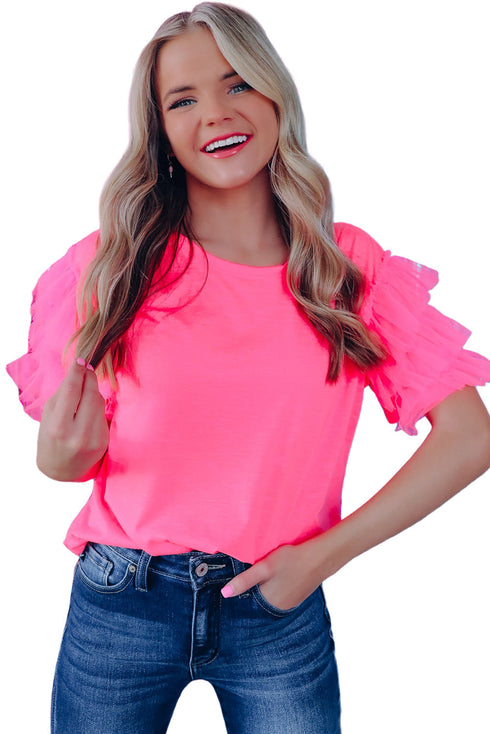 Statement Tiered Tulle Ruffle Sleeve Knit Tee Top