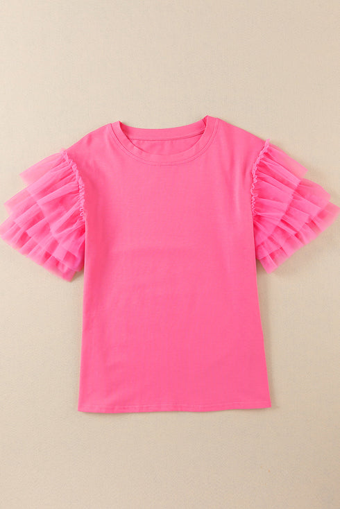 Statement Tiered Tulle Ruffle Sleeve Knit Tee Top