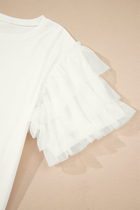 Statement Tiered Tulle Ruffle Sleeve Knit Tee Top