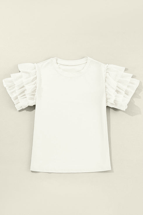 Statement Tiered Tulle Ruffle Sleeve Knit Tee Top