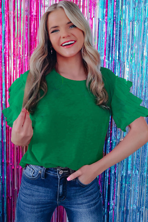 Statement Tiered Tulle Ruffle Sleeve Knit Tee Top