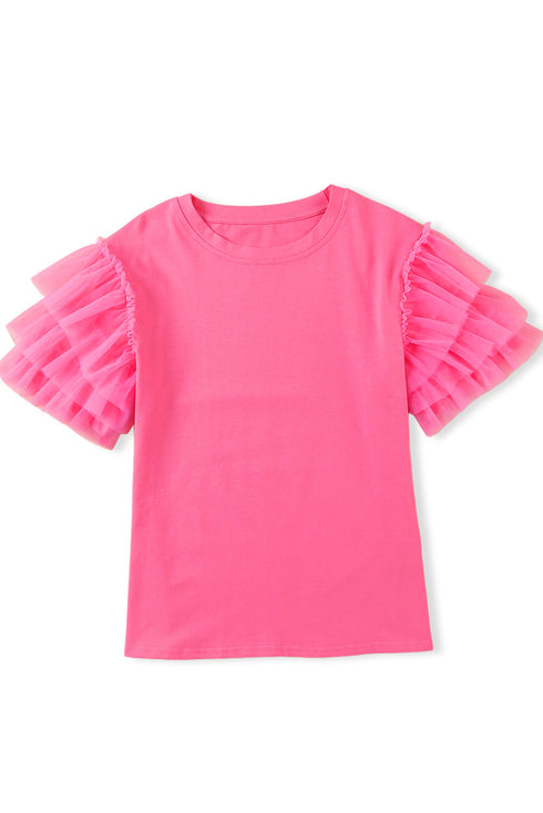 Statement Tiered Tulle Ruffle Sleeve Knit Tee Top