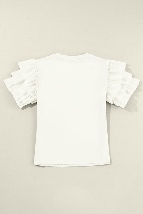 Statement Tiered Tulle Ruffle Sleeve Knit Tee Top