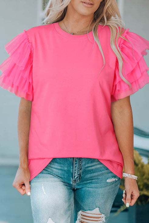 Statement Tiered Tulle Ruffle Sleeve Knit Tee Top
