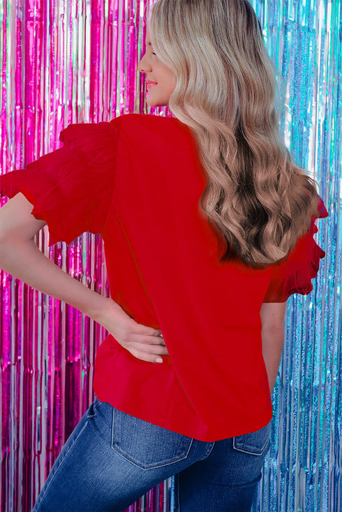 Statement Tiered Tulle Ruffle Sleeve Knit Tee Top