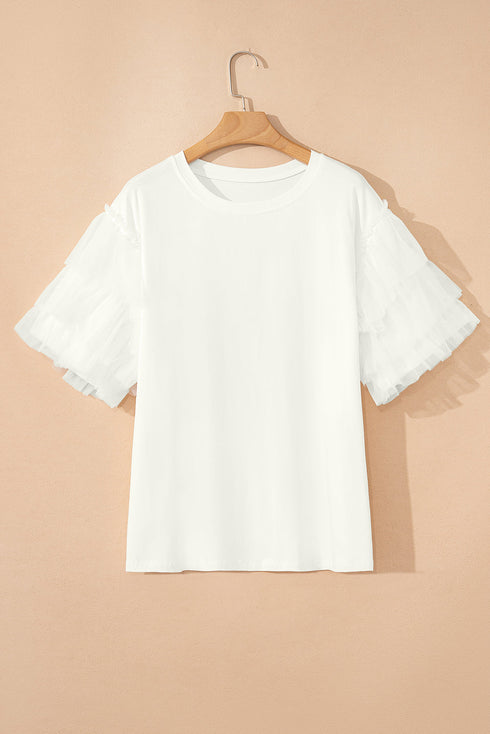 Statement Tiered Tulle Ruffle Sleeve Knit Tee Top