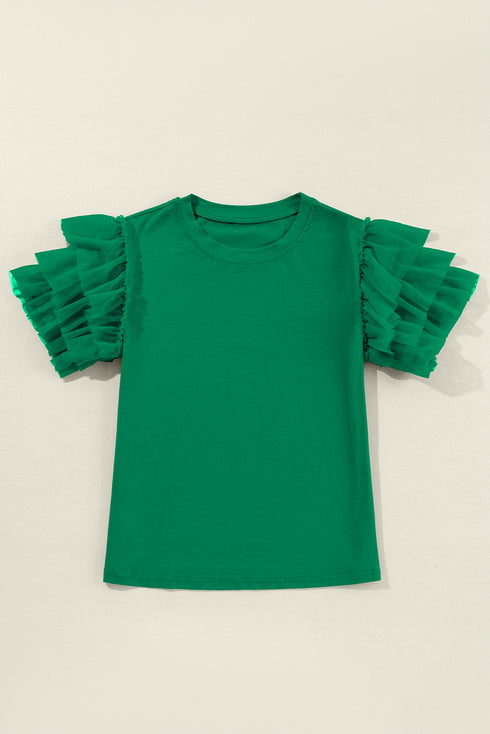 Statement Tiered Tulle Ruffle Sleeve Knit Tee Top