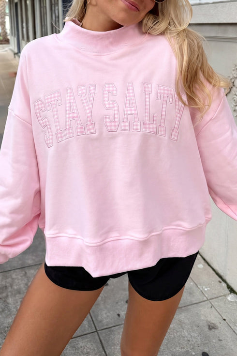 Stay Salty Embroidered Applique Mock Neck Pullover Sweatshirt